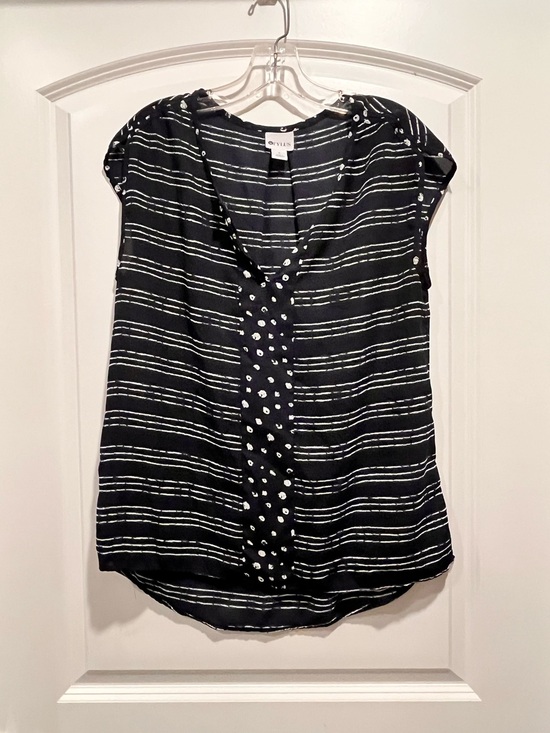 STYLUS Tops - STYLUS Navy and White Striped Cap-Sleeve Blouse with Polka-Dot Placket